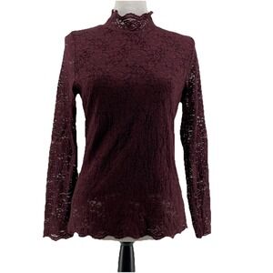 Vince Camuto Lace Top Women's  Petite Large Maroon High Neck Dark Fairy